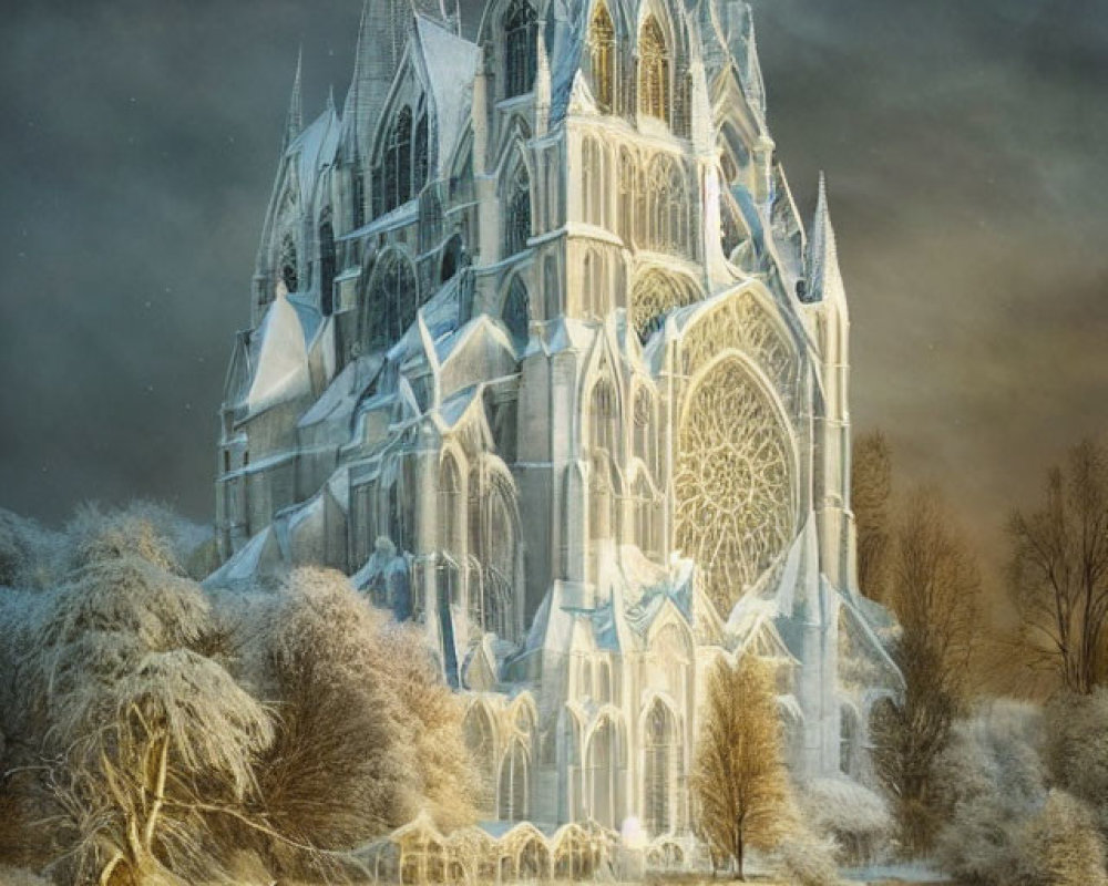 Illuminated Gothic cathedral in snowy landscape with approaching figures