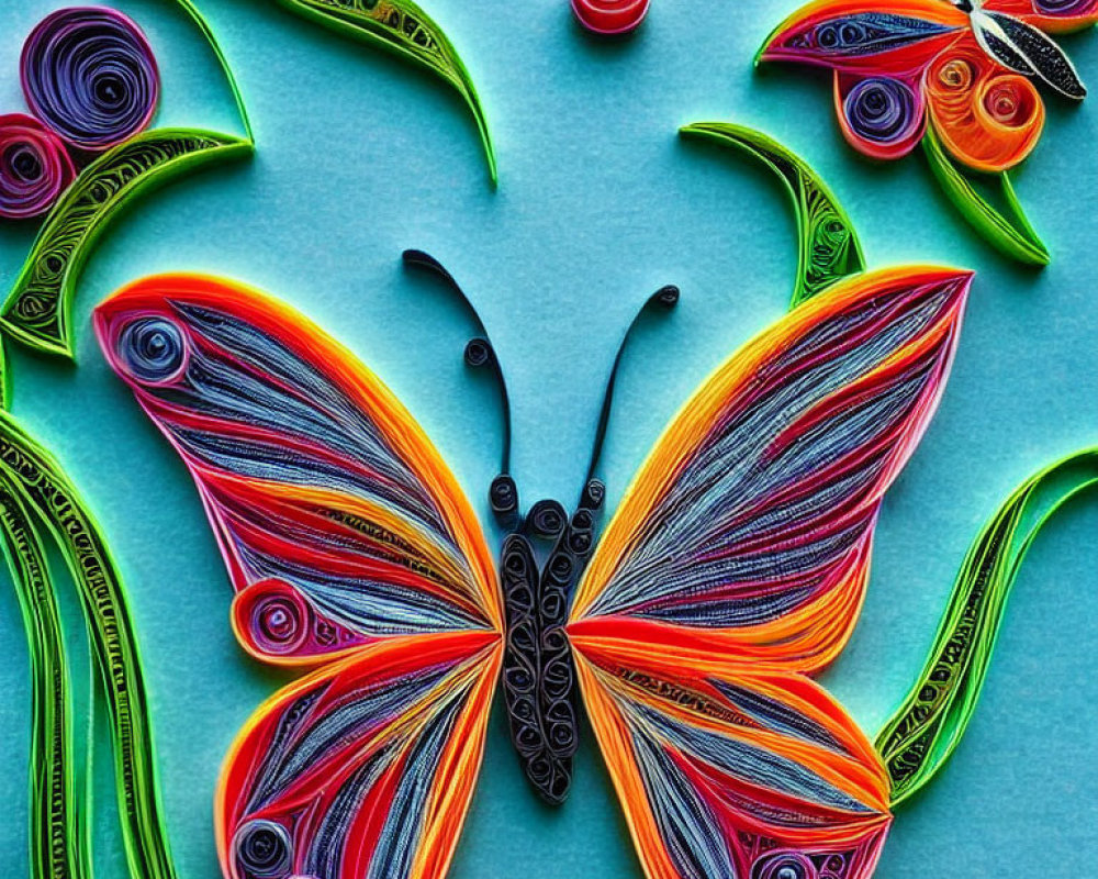 Colorful Paper Quilling Art: Multicolored Butterfly on Teal Background with Floral Designs
