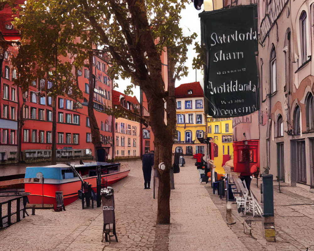 European Town Scene: Cobblestone Street, Colorful Buildings, Outdoor Seating, Tree, Street