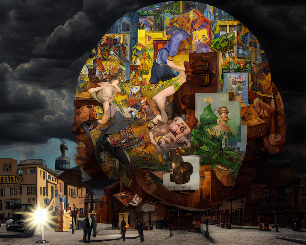 Egg-shaped collage of scenes and characters in moody sky over town square