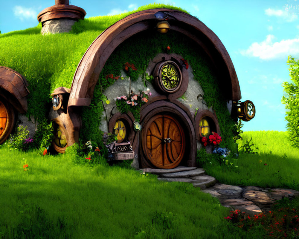 Charming hobbit house with round door and grass roof in lush landscape