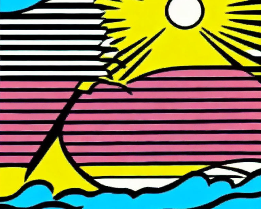 Vibrant sunset seascape with sailboat in bold graphic style