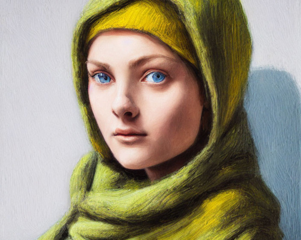 Portrait of person with blue eyes and fair skin in green hooded garment with shadow.