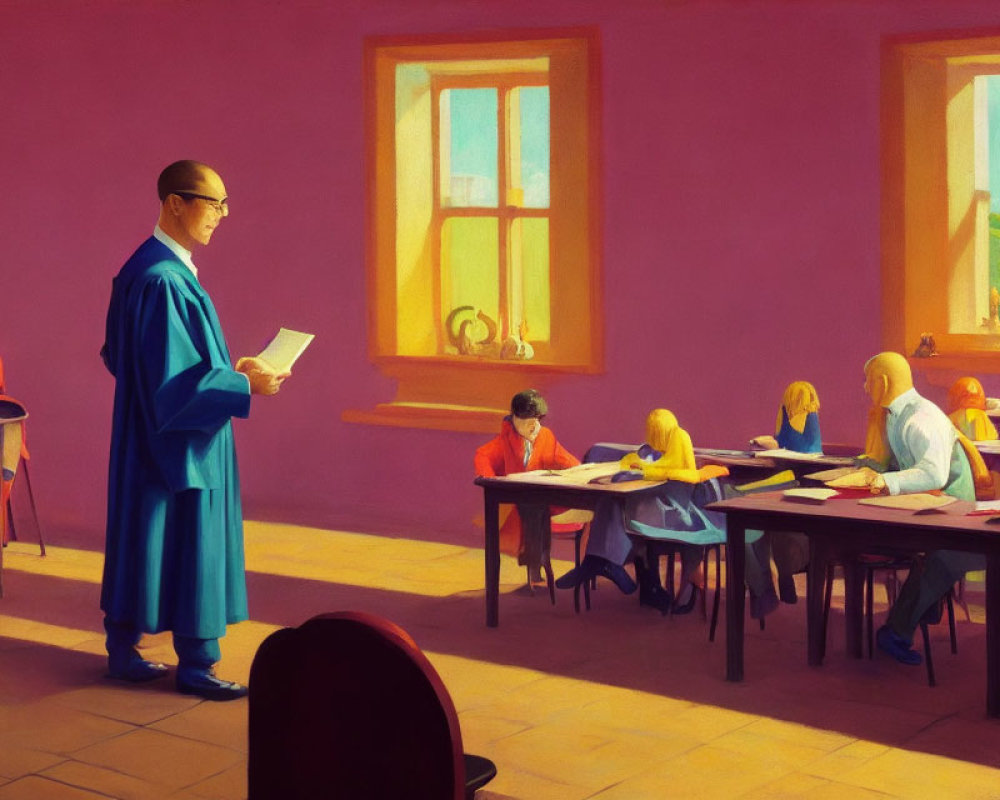 Blue-robed instructor supervises students in pink-walled exam room
