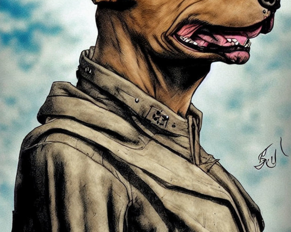 Dog in trench coat illustration with human-like body and smile.