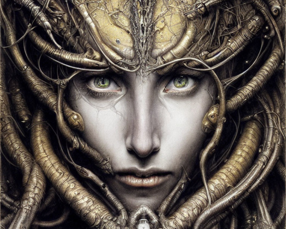 Detailed close-up of humanoid face with intricate cybernetic enhancements and intense green eyes
