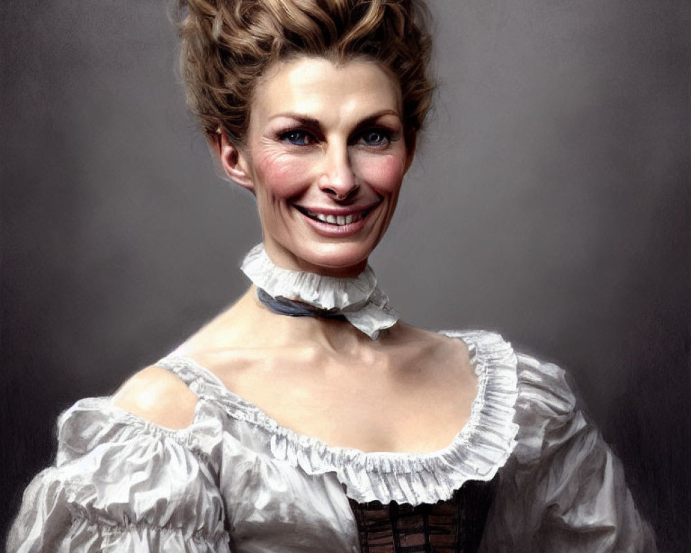 Exaggerated smile and historical attire on woman caricature