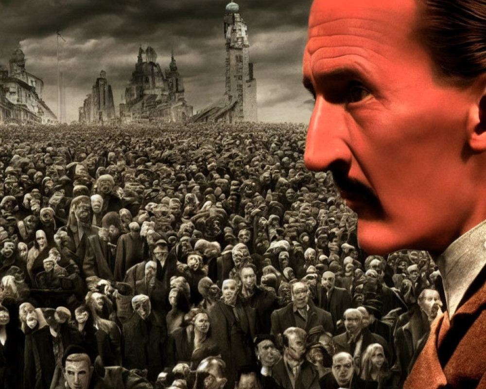 Large crowd in industrial dystopian setting with man and mustache