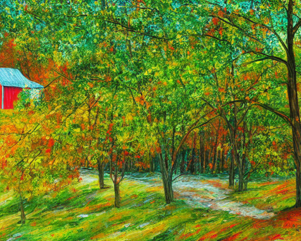 Colorful autumn scene with red barn, trees, and textured brush strokes