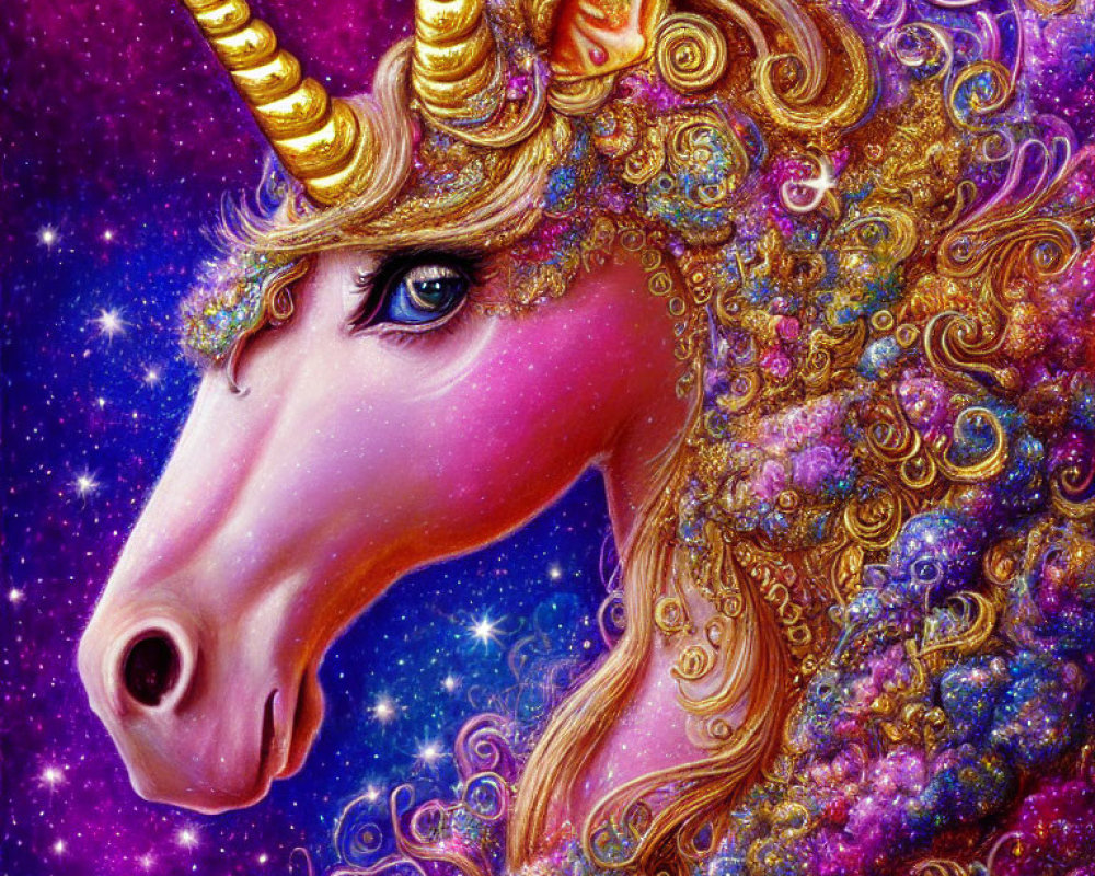 Colorful Unicorn with Golden Horn in Glittering Purple Cosmic Scene