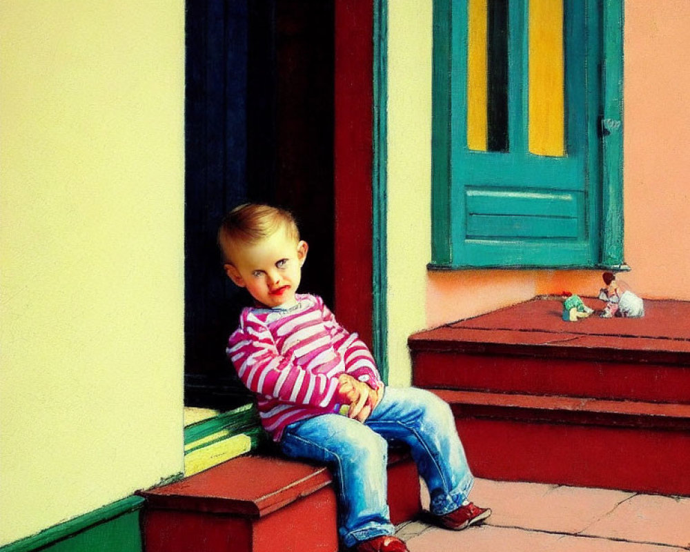 Child sitting on red step outside vibrant house with yellow and green doors