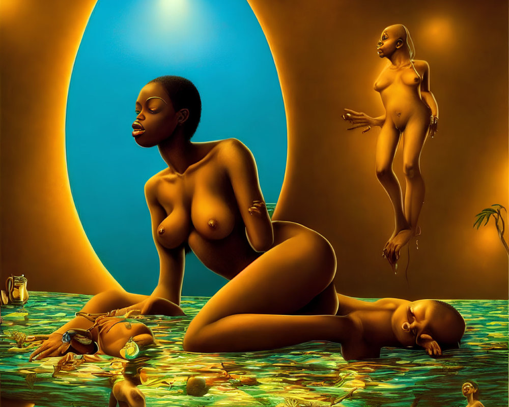 Surrealist artwork of women with elongated limbs and necks in water against ochre backdrop