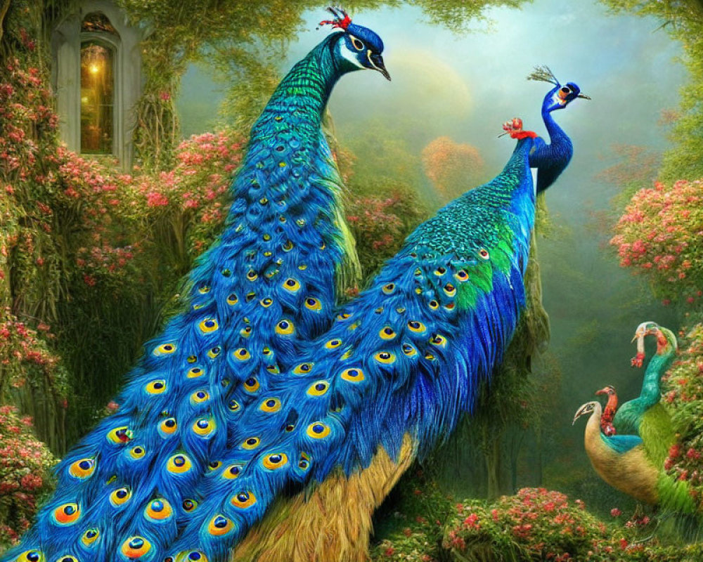 Colorful illustration of two peacocks in lush fantasy forest