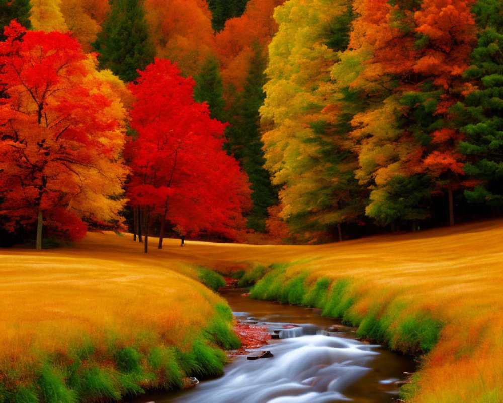 Tranquil autumn creek with vibrant foliage