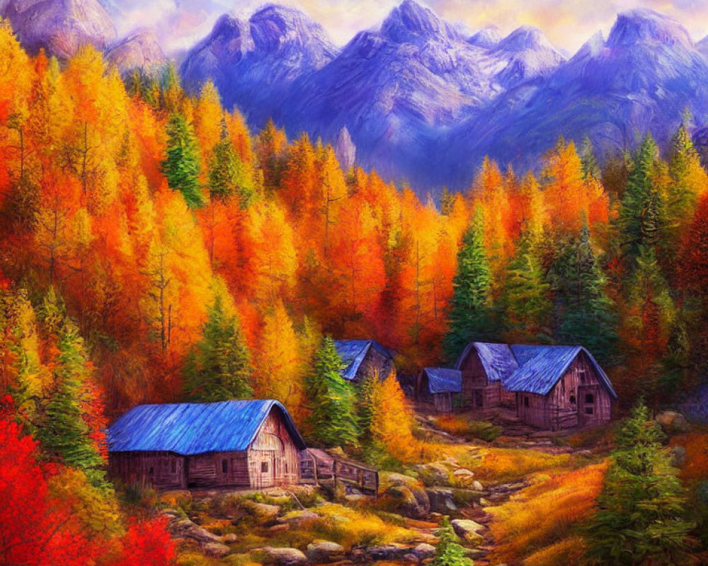 Scenic autumn landscape with rustic cabins and fiery fall colors