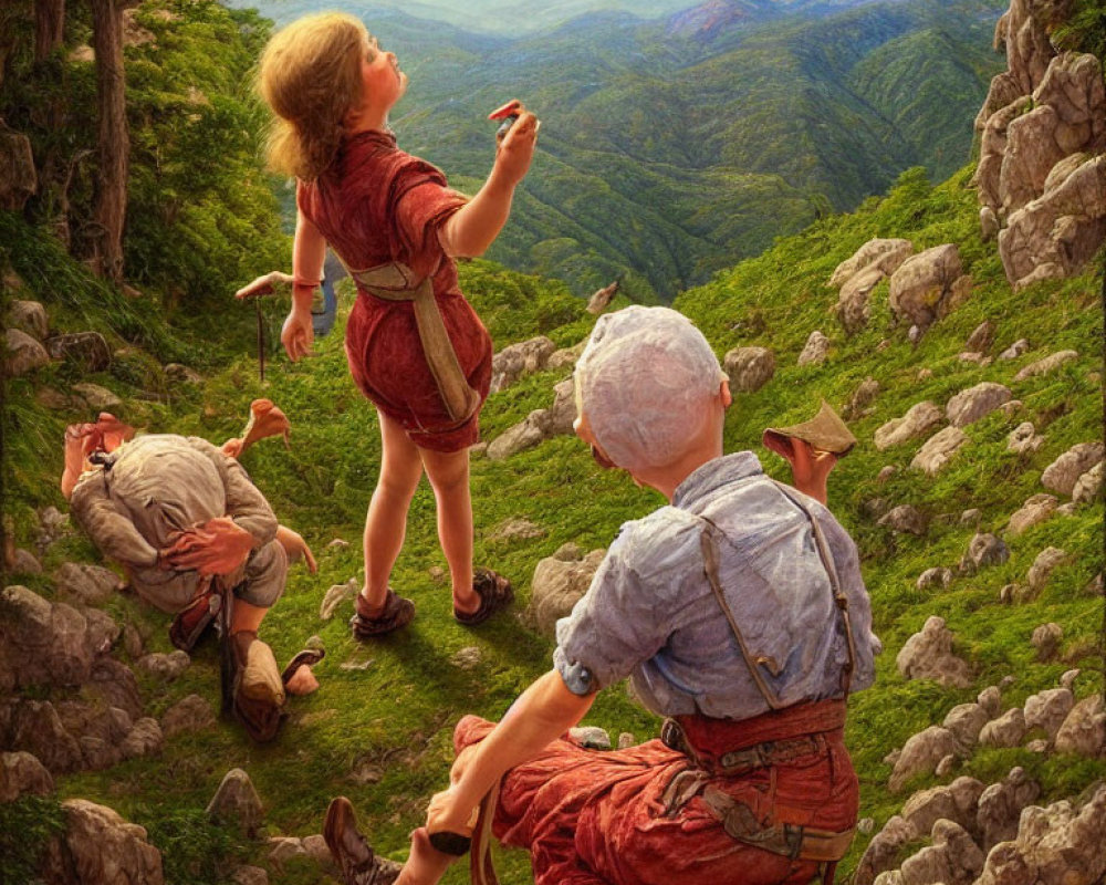 Fantasy painting of children on lush hillside with dragon in dramatic sky