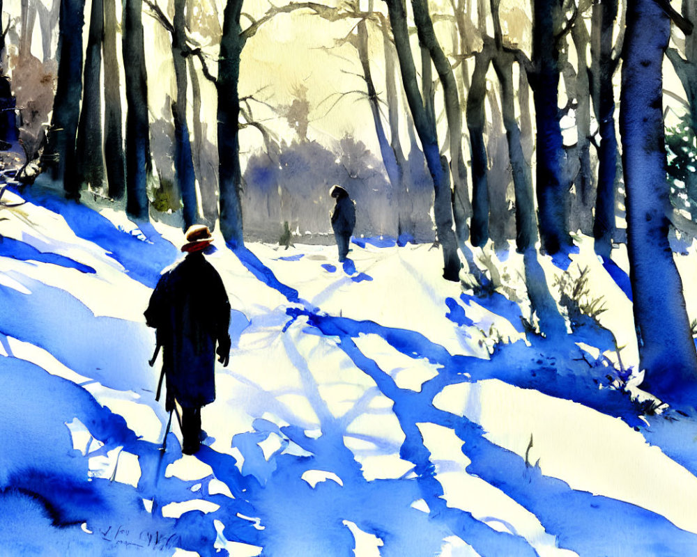 Snowy forest watercolor painting: Two figures walking under sunlight