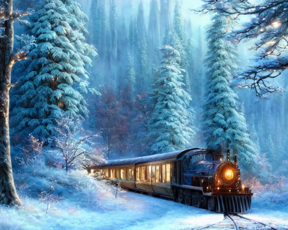Vintage steam train journey through snowy forest with tall pine trees