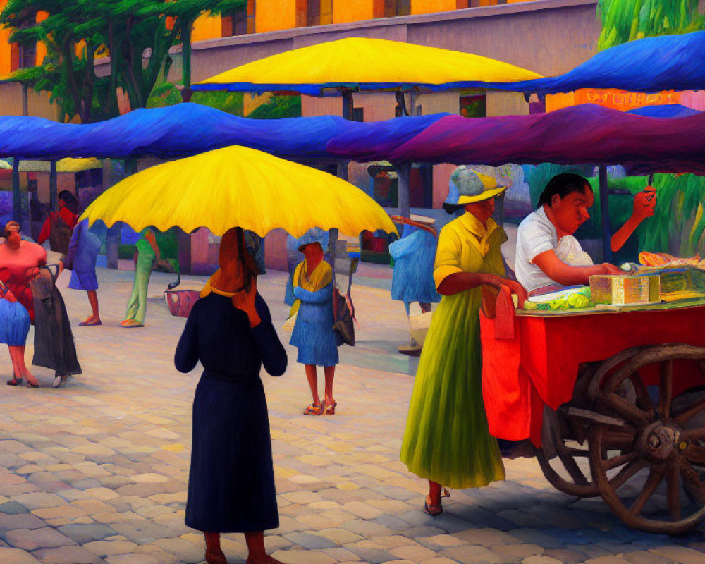 Colorful street scene with food cart and umbrellas capturing bustling activity
