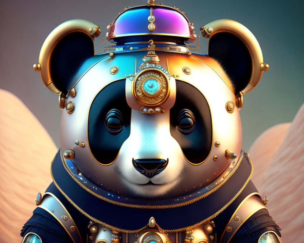 Steampunk-style panda digital art with jewel-capped hat in warm hues