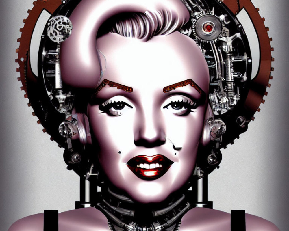Female-like robot with mechanical details and vintage hairstyle fusion