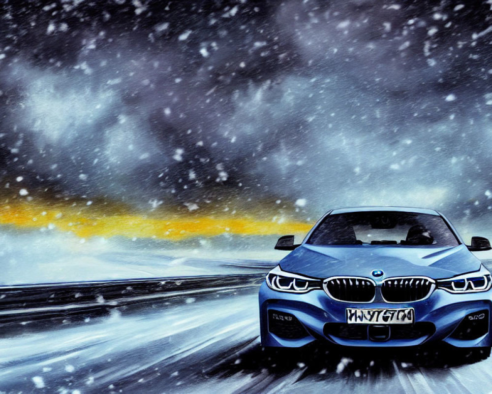 Blue BMW Car Driving on Snowy Road in Heavy Snowfall