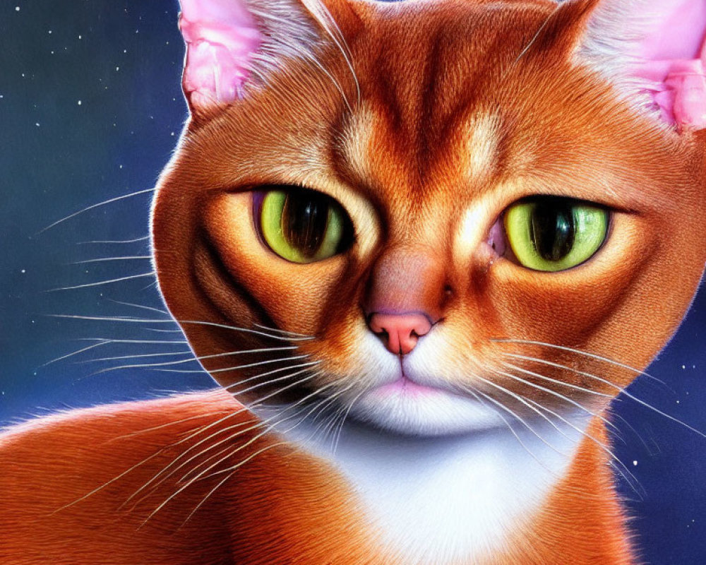 Detailed digital art: Orange cat with green eyes on starry backdrop