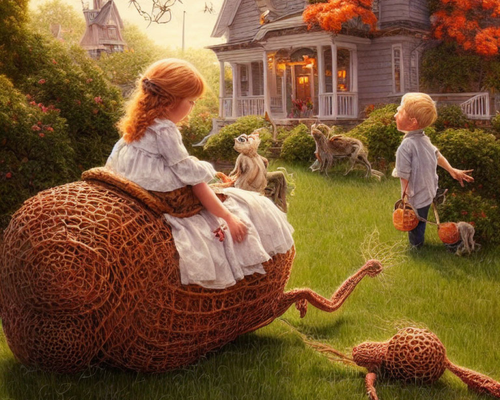 Whimsical fantasy scene: girl on giant yarn ball, boy with tiny pumpkin, magical creatures by