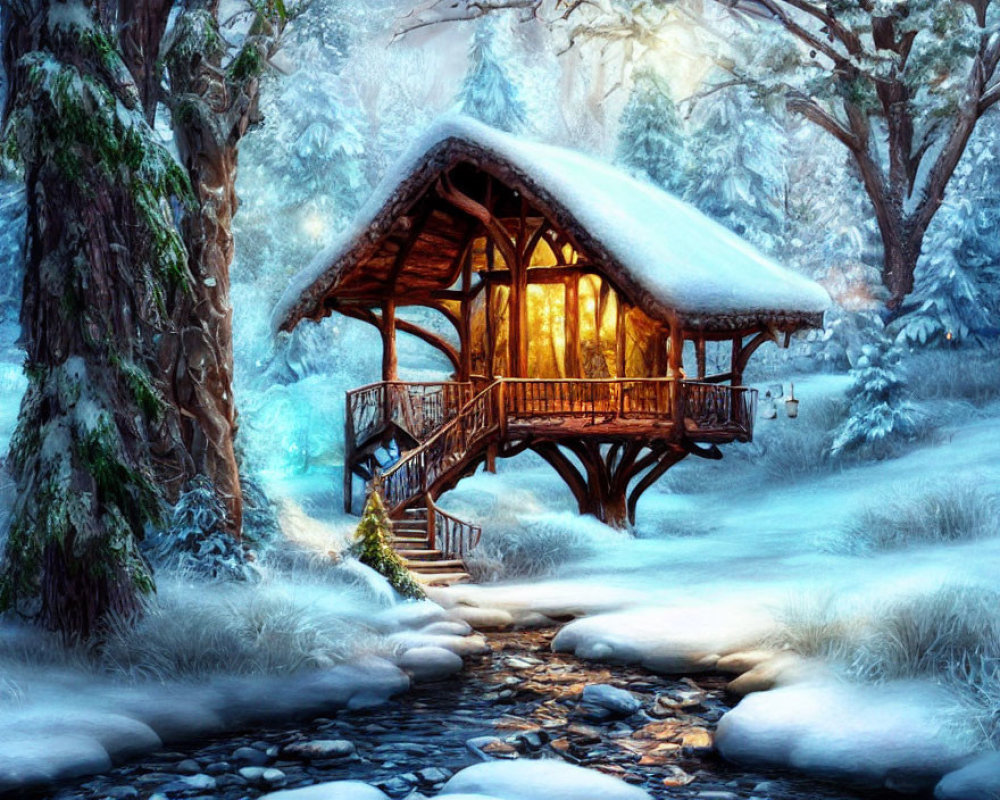 Snowy Forest Cabin on Stilts Surrounded by Stream
