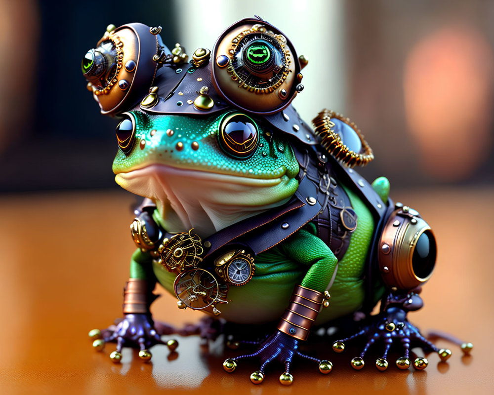 Steampunk-style frog with gears and goggles in digital art