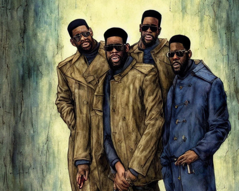 Four stylish men in coats and sunglasses on textured background