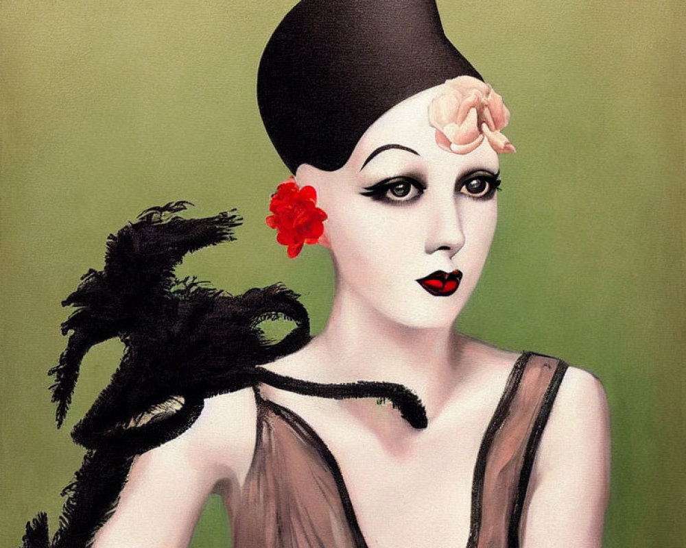 Portrait of Woman with Pale Skin, Dark Lipstick, Black Headpiece, Red Flower, and Fe