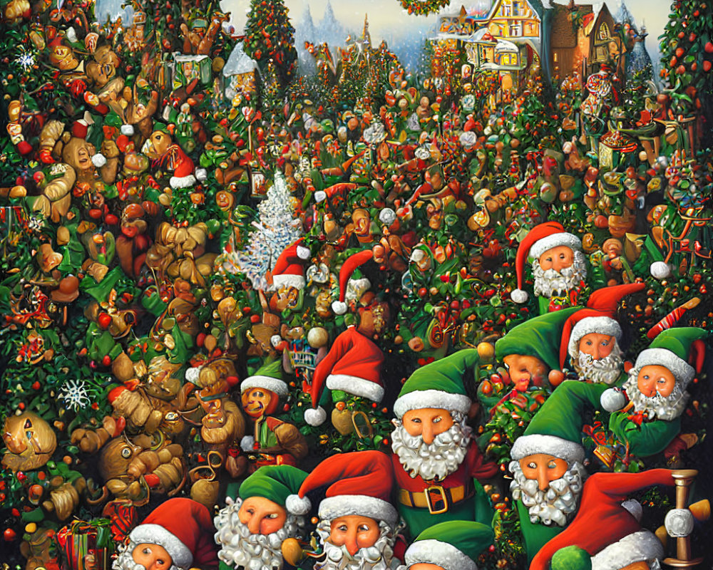 Vibrant Christmas scene with Santas, elves, trees, toys & snowflakes