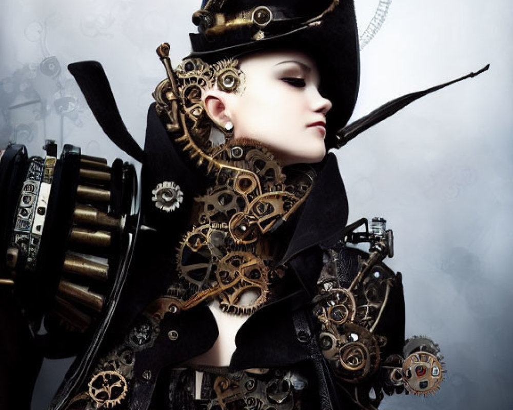 Elaborate steampunk costume with gear accents and top hat