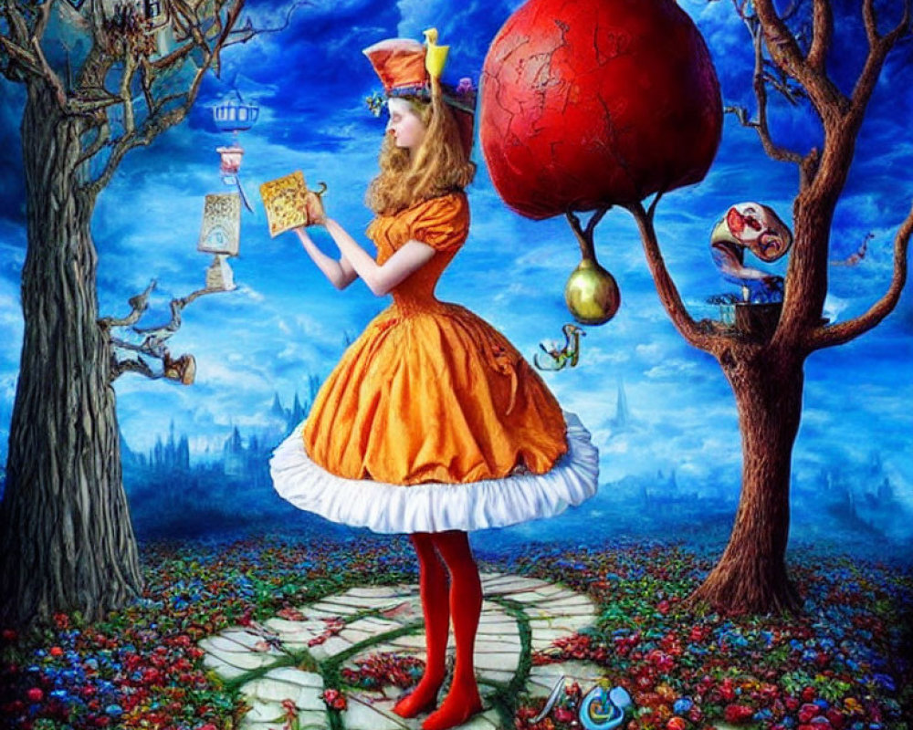 Surreal Alice in Wonderland scene with red sphere and whimsical trees