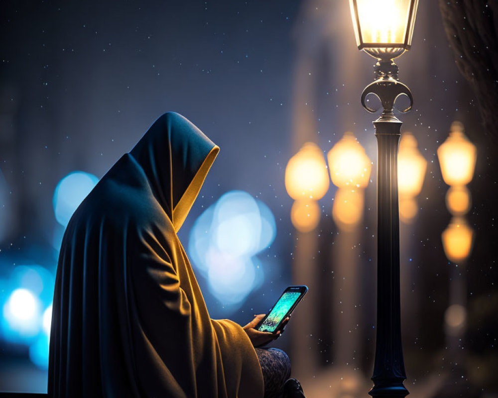 Hooded Figure Sitting Under Street Lamp at Night