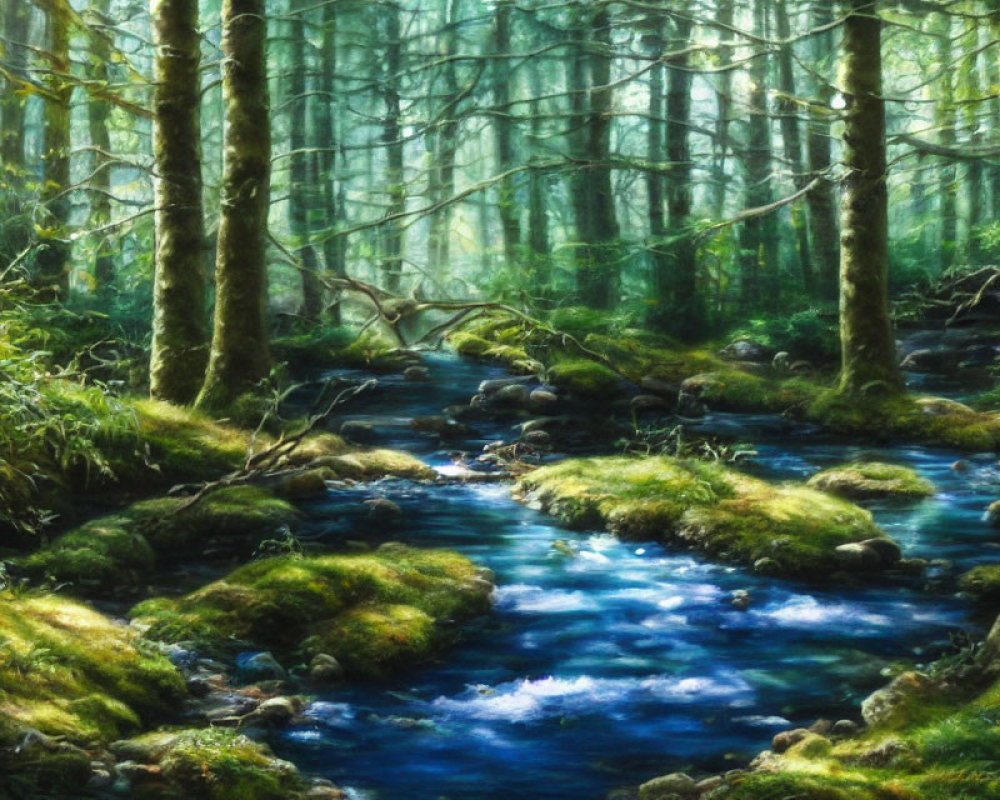 Tranquil Forest Scene with Sunlight, Stream, and Mossy Banks