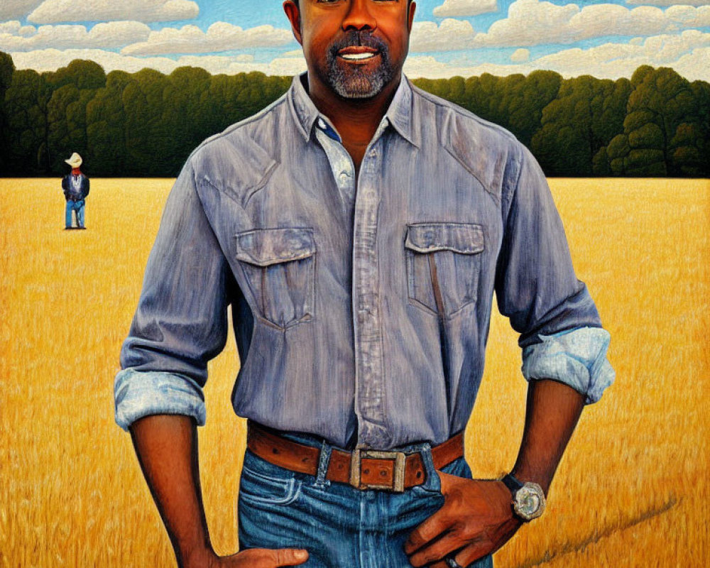 Two people in denim shirt and cowboy hat in wheat field with clouds.