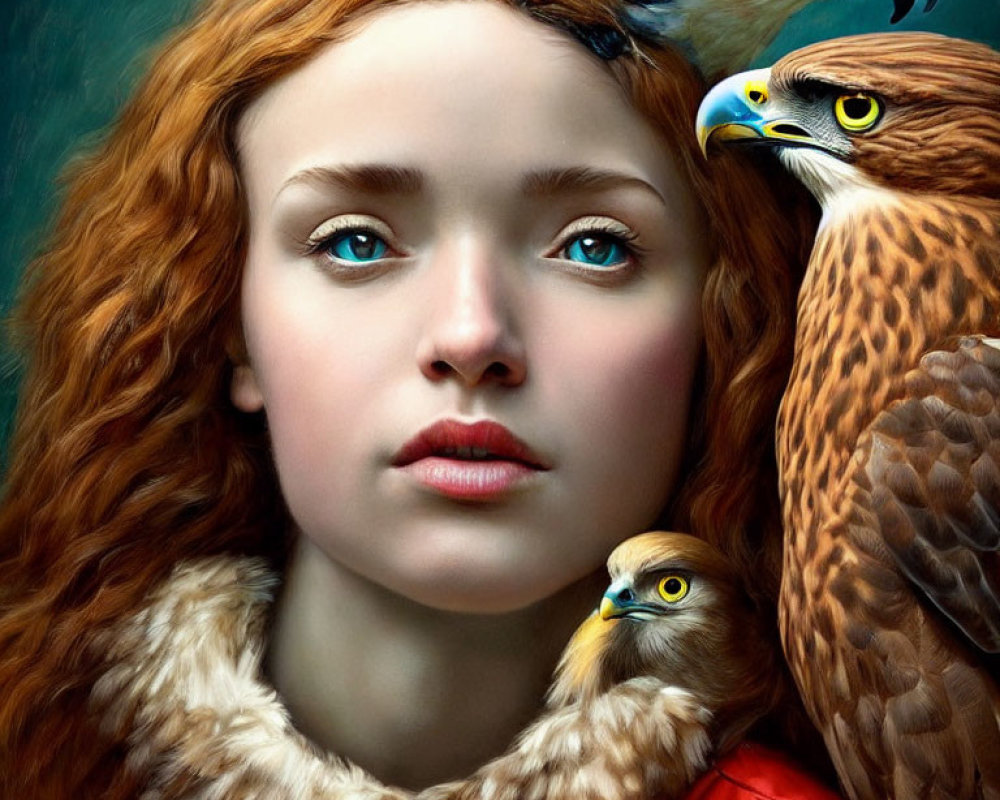 Digital art portrait of woman with red hair and three hawks in detailed composition on greenish backdrop