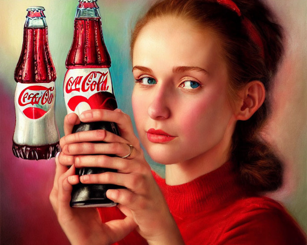 Vintage-style image of woman in red outfit with Coca-Cola bottles