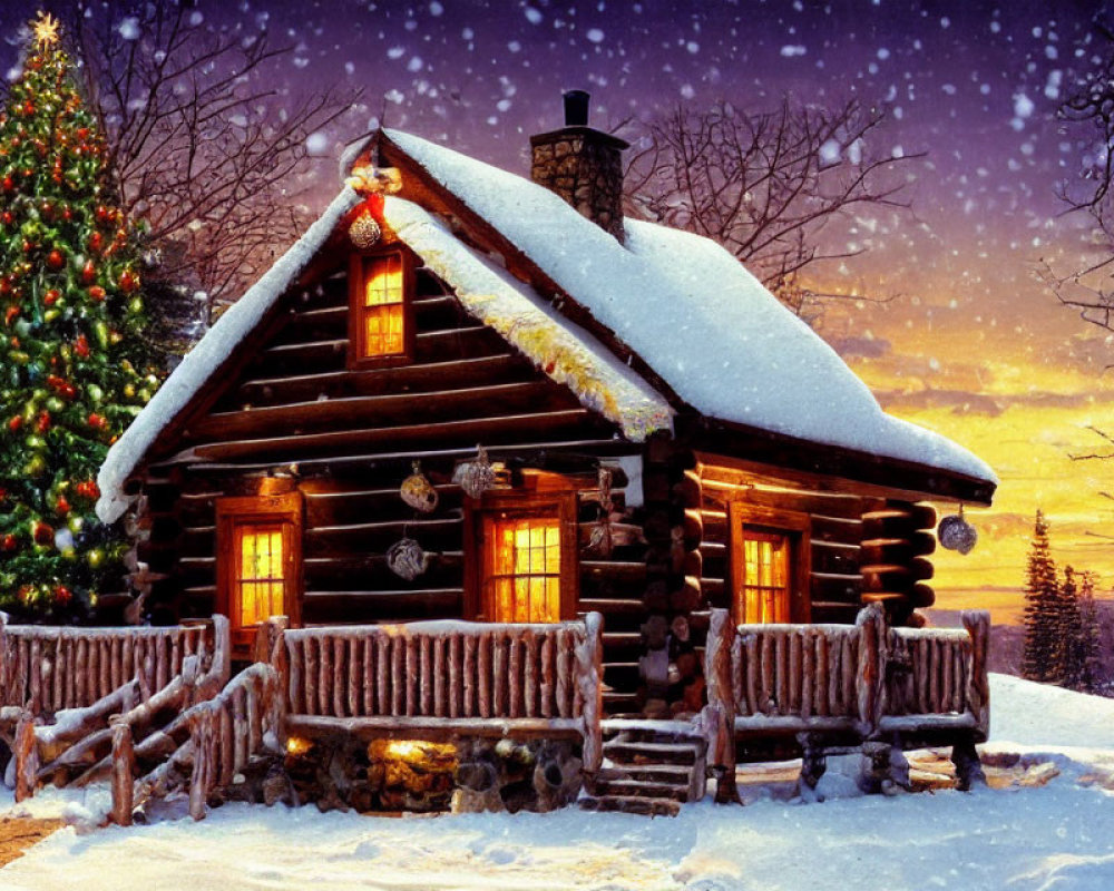 Snowy twilight scene: Christmas log cabin with lights and decorations