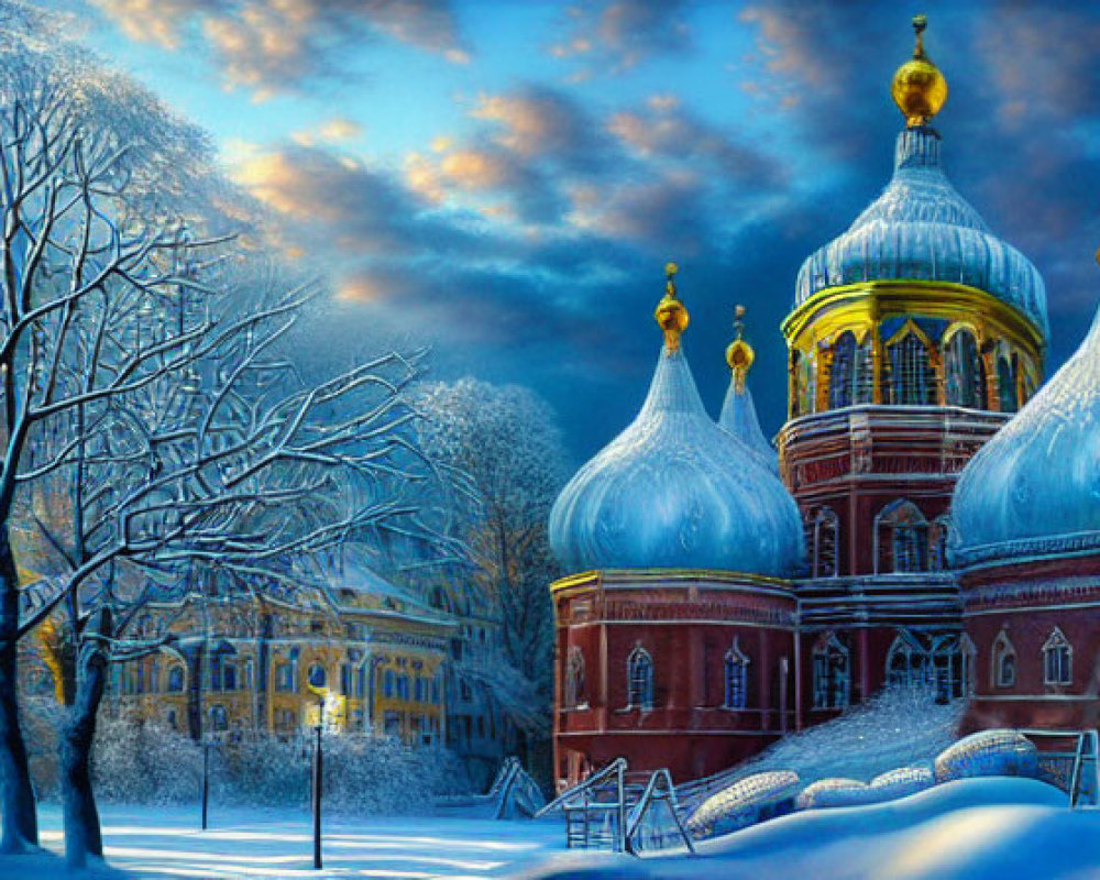 Snow-covered trees and golden-domed buildings in scenic winter landscape
