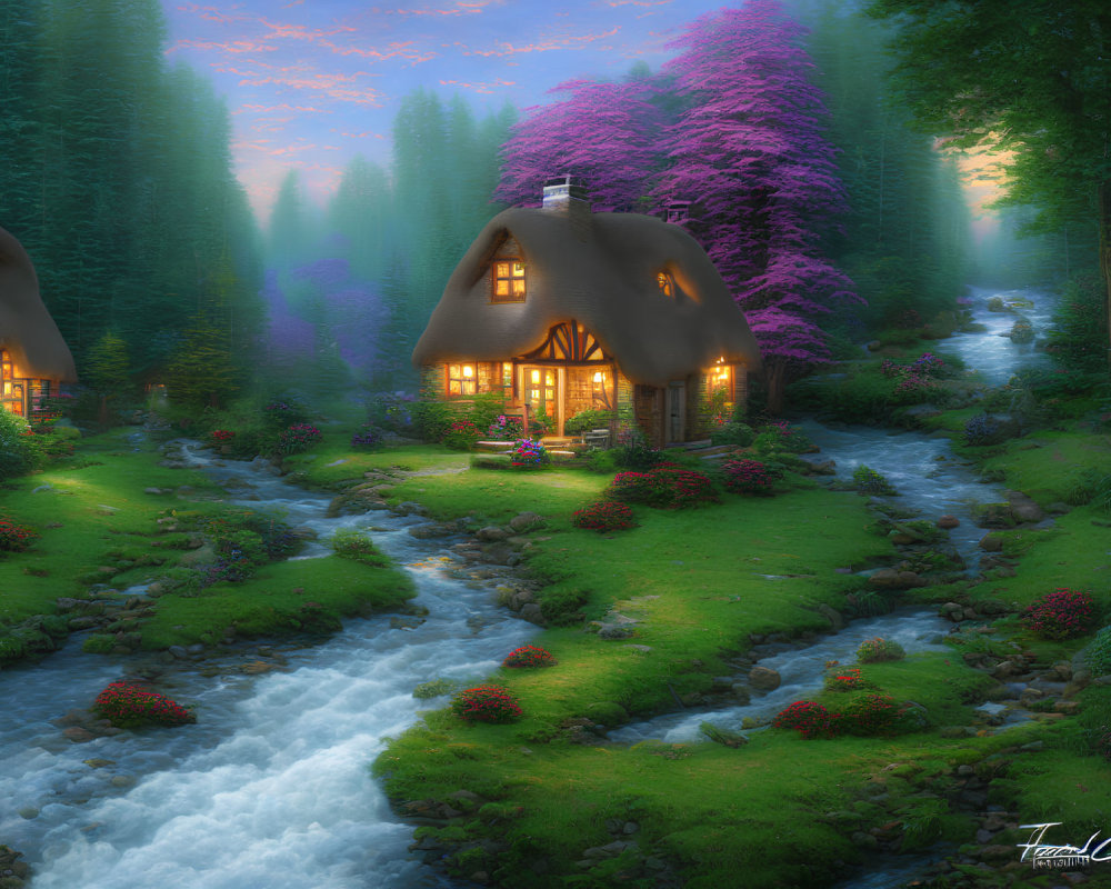 Tranquil woodland landscape with storybook cottages, vibrant trees, and glowing windows at twilight