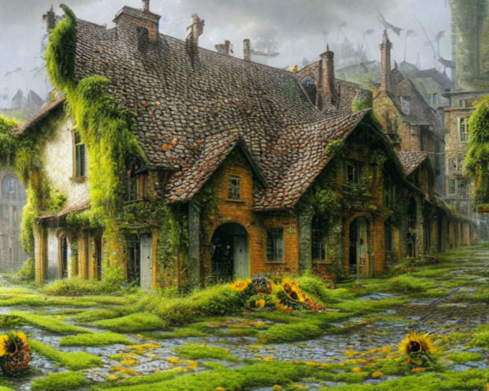 Enchanting cobblestone street with ivy-covered cottages and sunflowers in misty setting