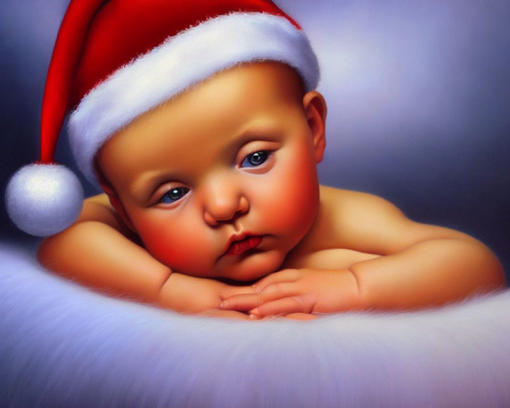 Cute Baby in Santa Hat with Plump Cheeks and Inquisitive Gaze