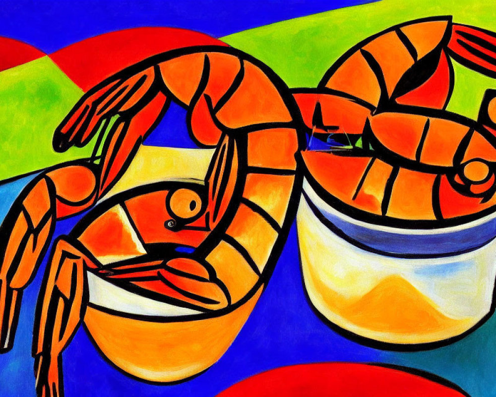 Colorful abstract painting featuring lobsters and geometric patterns