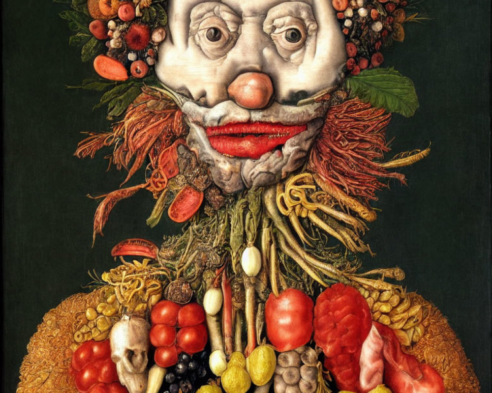 Colorful portrait made of fruits, vegetables, and flowers on dark backdrop