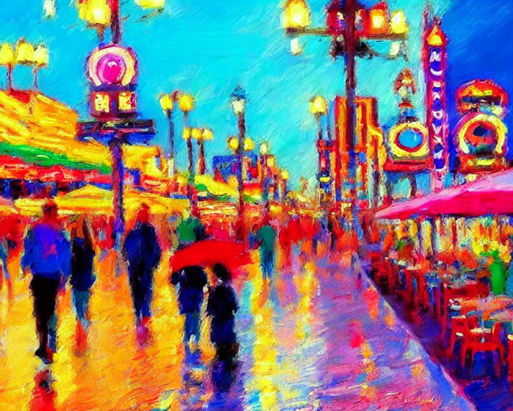Colorful Impressionist Night Street Scene with Neon Lights