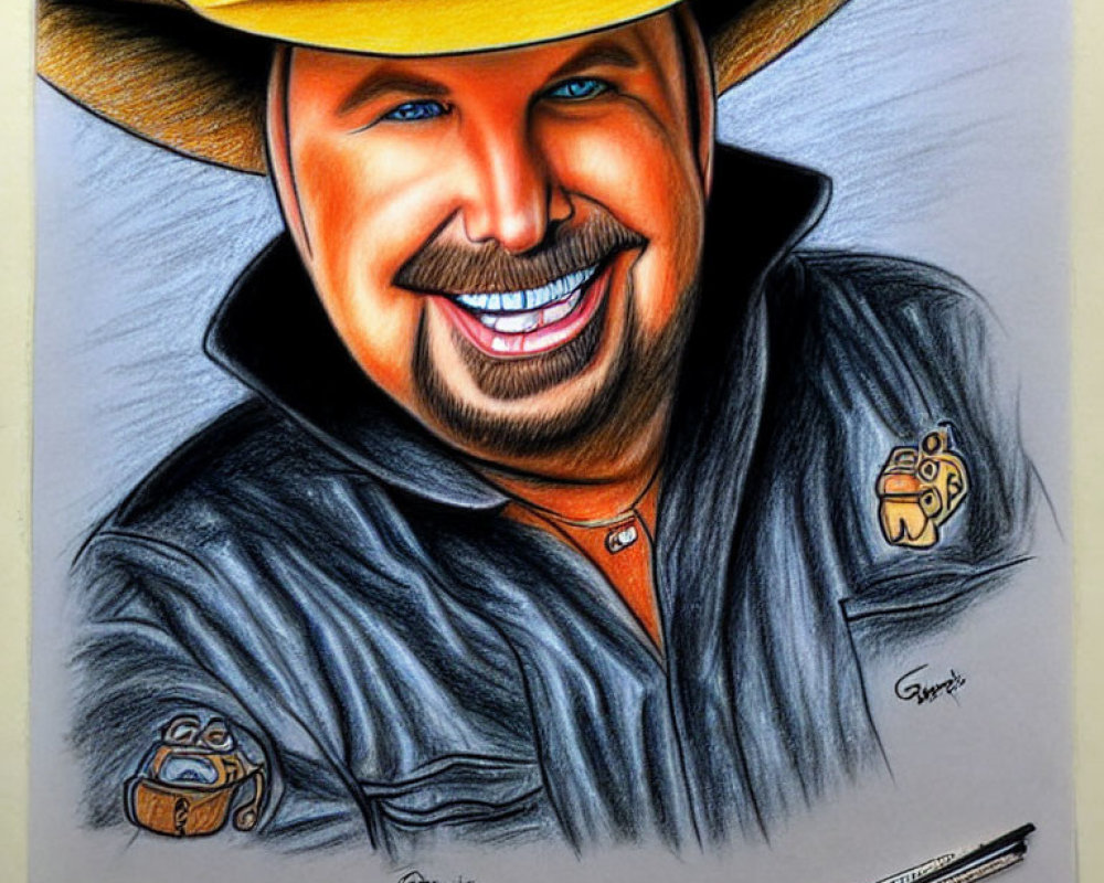 Vibrant portrait of smiling bearded person in cowboy hat and badge shirt with pencil signature.