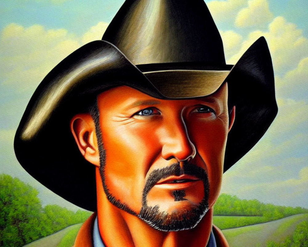 Stylized painting of a man in cowboy hat with mustache, gazing on country road